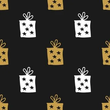 Gift Seamless Pattern, hand drawn gift boxes doodles background, Vector Illus 库存插图