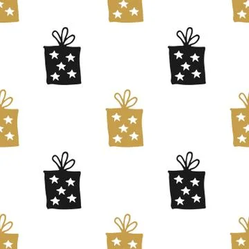 Gift Seamless Pattern, hand drawn gift boxes doodles background, Vector Illus Stock Illustration