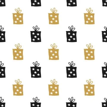 Gift Seamless Pattern, hand drawn gift boxes doodles background, Vector Illus 스톡 일러스트