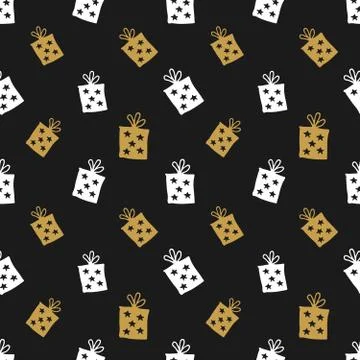 Gift Seamless Pattern, hand drawn gift boxes doodles background, Vector Illus Stock Illustration