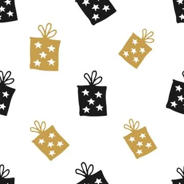 Gift Seamless Pattern, hand drawn gift boxes doodles background, Vector Illus 스톡 일러스트