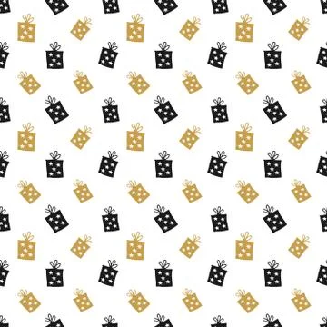 Gift Seamless Pattern, hand drawn gift boxes doodles background, Vector Illus Stock Illustration