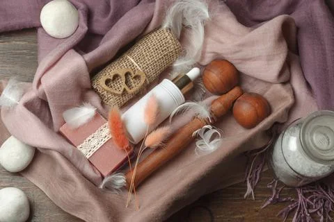 Gift set in a box with accessories for spa care. Hygge box. Gift for Valentine's Stock Photos