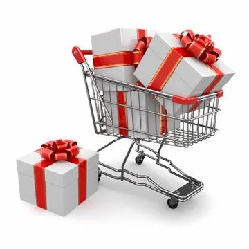 Gift in shopping cart on white background. 3d Stock Illustration