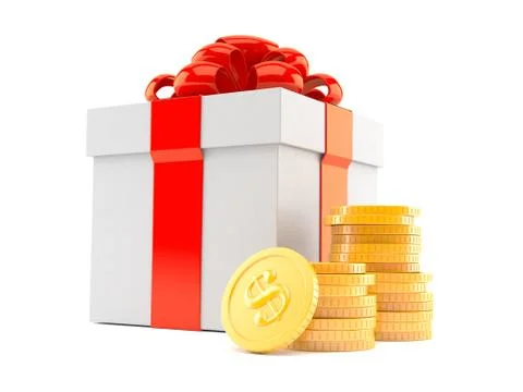 Gift with stack of coins Illustrazione stock