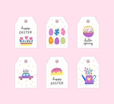 Gift tags with Easter and spring icons, lettering. Stock Illustration