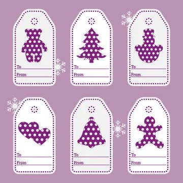 Gift tags with new year and christmas symbols with polka-dots and ribbon. Stock Illustration