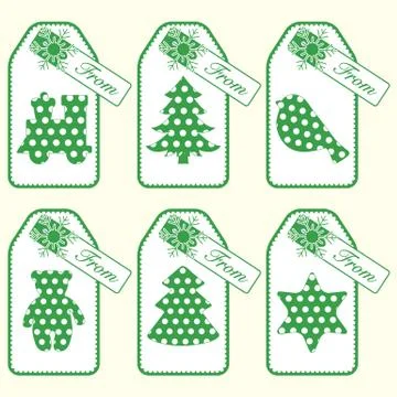 Gift tags with new year and christmas symbols with polka-dots and ribbon. Stock Illustration