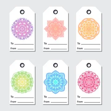 Gift tags set with mandala. Ethnic round ornament. Hand drawn indian moroccan Stock Illustration