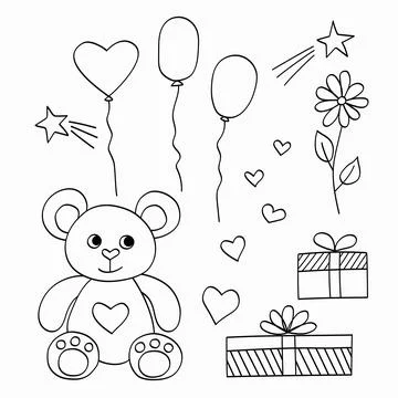 Gift teddy bear balloons boxes hearts and a flower. Hand Drawn outline Stock Illustration