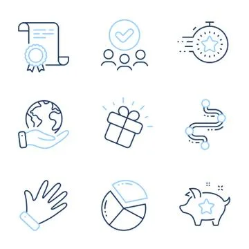 Gift, Timer and Hand icons set. Timeline, Loyalty points and Pie chart signs 库存插图