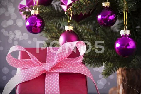 Gift With Tree, Bokeh, Copy Space Stock Photos