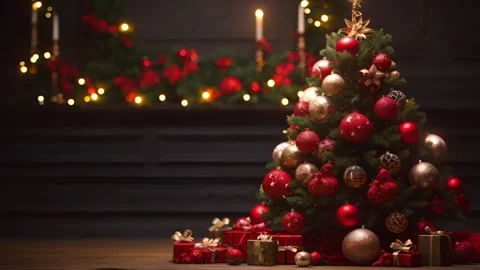 Gift Under Christmas Tree With Baubles In Home Interior With Fireplace And A Stock Footage 259715537