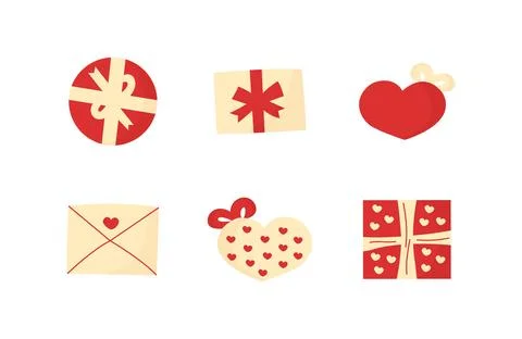 Gift valentine boxes red and white set. Doodle cartoon christmas and wedding Stock Illustration