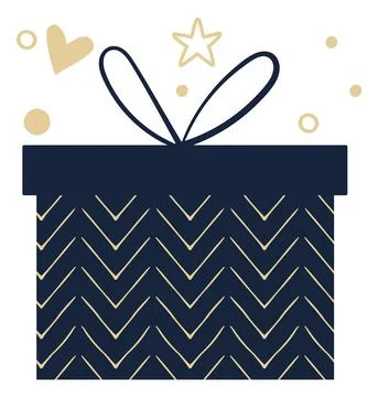 Gift vector illustration. Blue gift and gold star, circle, tore, spotted, polaa Stock Illustration