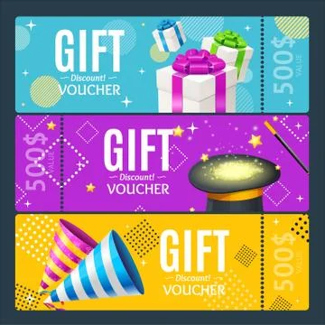 Gift Voucher Card Set Template Monetary Value Coupon. Vector Illustrazione stock