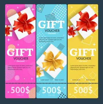Gift Voucher Card Set Template Monetary Value Coupon. Vector Illustrazione stock