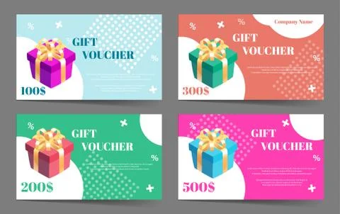 Gift voucher collection. Set of vector templates for gift card or discount offer Stock Illustration