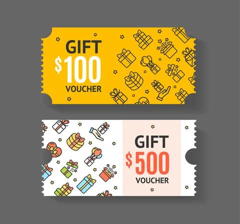 Gift Voucher Coupon Set with Thin Line Icons . Vector Stock Illustration