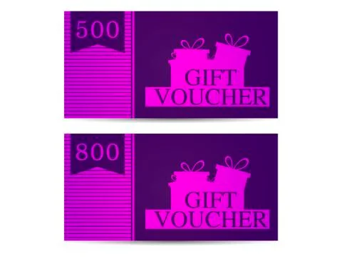 Gift voucher with gift boxes in the amount of 500 and 800. Purple. Vector ill Illustrazione stock
