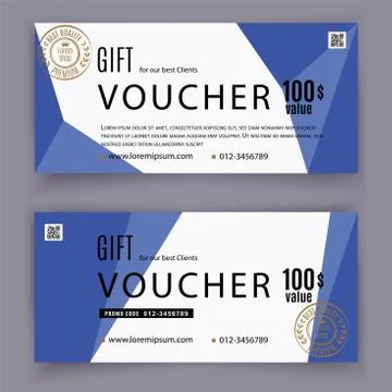 Gift voucher template with blue triangle design elements. Gift voucher value 100 Stock Illustration