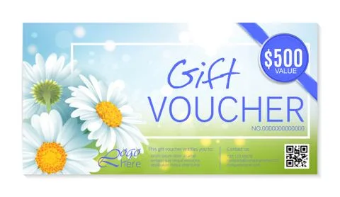 Gift voucher template with delicate white flowers. Vector Abstract background Illustrazione stock