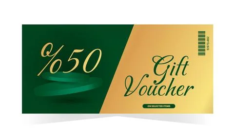Gift voucher template with green background, luxury podiums and golden text.. Illustrazione stock