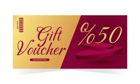 Gift voucher template with red background, luxury podiums and golden text. .. Stock Illustration