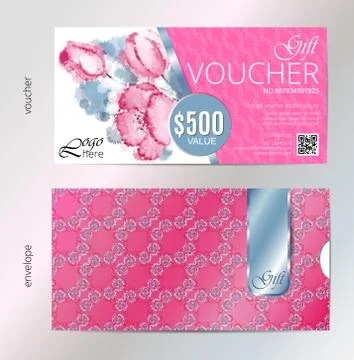 Gift voucher vector set beauty watercolor silver background. VIP backdrop pink Illustrazione stock