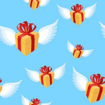 Gift with wings pattern. Flying gift box with red bow and ribbon on blue sk.. Stock Illustration