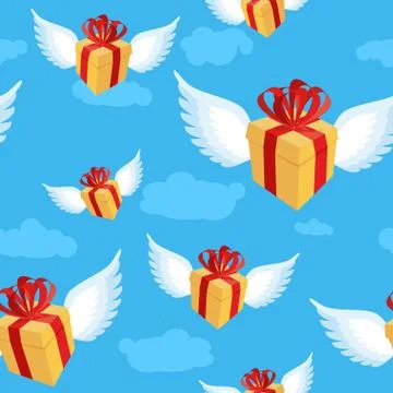 Gift with wings pattern. Flying gift box with red bow and ribbon on blue sk.. Stock Illustration