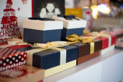 Gift wrapping boxes are on the table Stock Photos