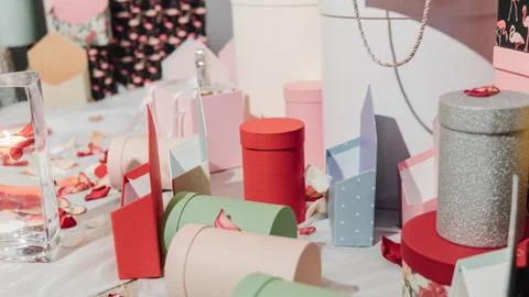 Gift wrapping close-up. multicolored boxes for gifts Stock Photos