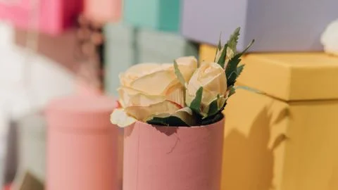 Gift wrapping close-up. multicolored boxes for gifts Stock Photos