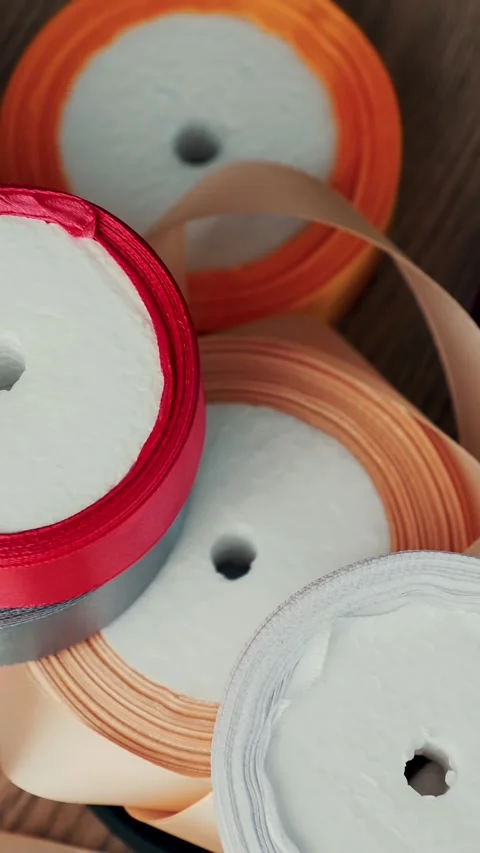 Gift wrapping ribbons. multicolored silk ribbons, ribbon reels for packaging, Stock-Footage 323085291