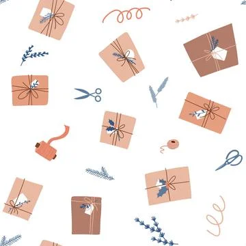 Gift wrapping seamless pattern. Branches, scissors, ribbon, rope and craft eco Stockillustratie