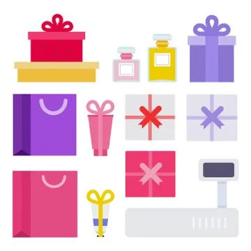 Gift wrapping vector flat icons set with boxes, holiday packages, perfume Illustrazione stock