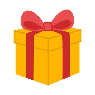 Gift yellow box decorative with bow on the top. Colorful flat style vector .. Stock Illustration