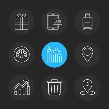 Giftbox , ipad , compass , navigations , graph , bag , eps icons set vector Stock Illustration