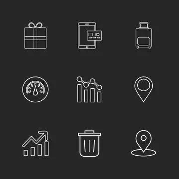 Giftbox , ipad , compass , navigations , graph , bag , eps icons set vector Stock Illustration