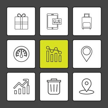 Giftbox , ipad , compass , navigations , graph , bag , eps icons set vector Stock Illustration