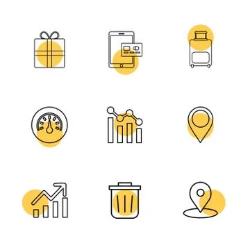 Giftbox , ipad , compass , navigations , graph , bag , eps icons set vector Stock Illustration
