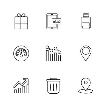 Giftbox , ipad , compass , navigations , graph , bag , eps icons set vector Stock Illustration