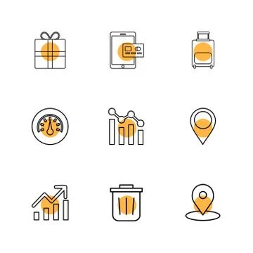 Giftbox , ipad , compass , navigations , graph , bag , eps icons set vector Stock Illustration