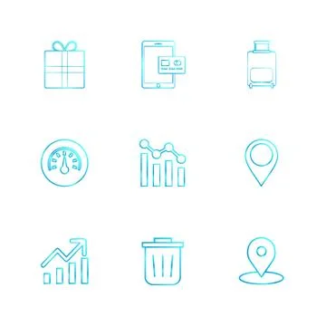 Giftbox , ipad , compass , navigations , graph , bag , eps icons set vector Stock Illustration
