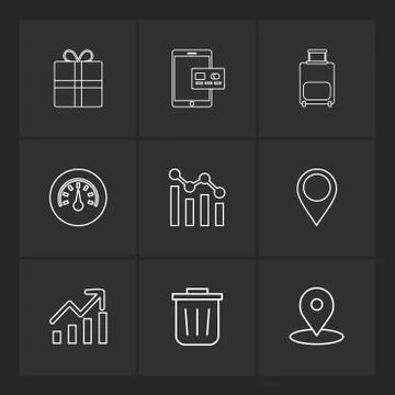 Giftbox , ipad , compass , navigations , graph , bag , eps icons set vector Stock Illustration