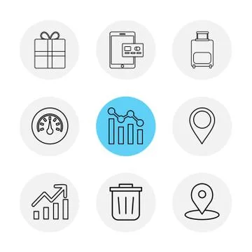 Giftbox , ipad , compass , navigations , graph , bag , eps icons set vector Stock Illustration