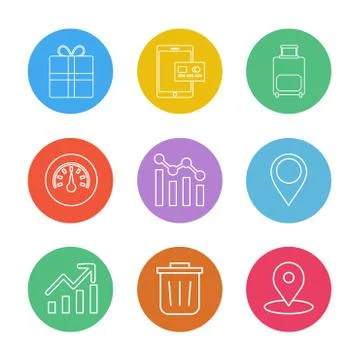 Giftbox , ipad , compass , navigations , graph , bag , eps icons set vector Stock Illustration