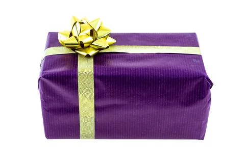 Giftbox lilac with gold ribbon rectangular box on isolated background Stock Photos