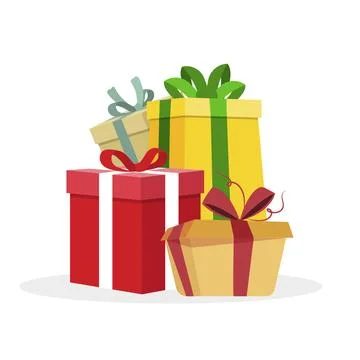 Giftbox pile in flat style on background. Holiday greeting card. Xmas backg.. Stock Illustration
